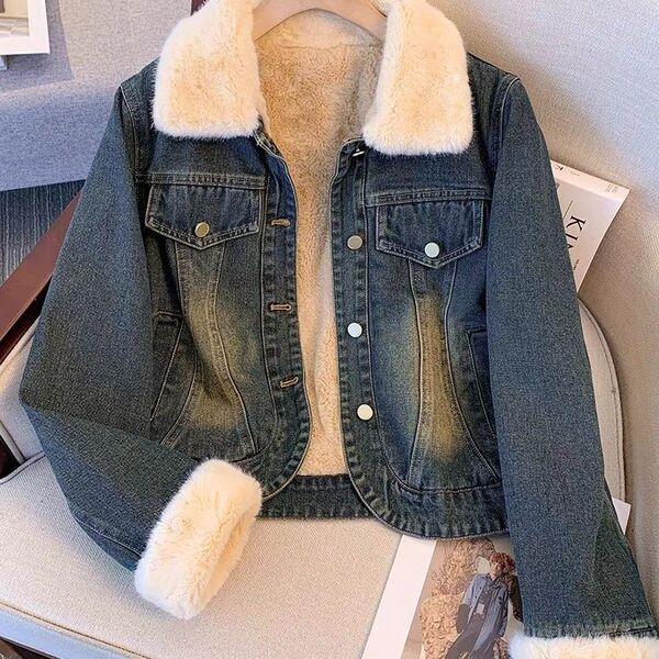 Short denim demi-season warm jacket