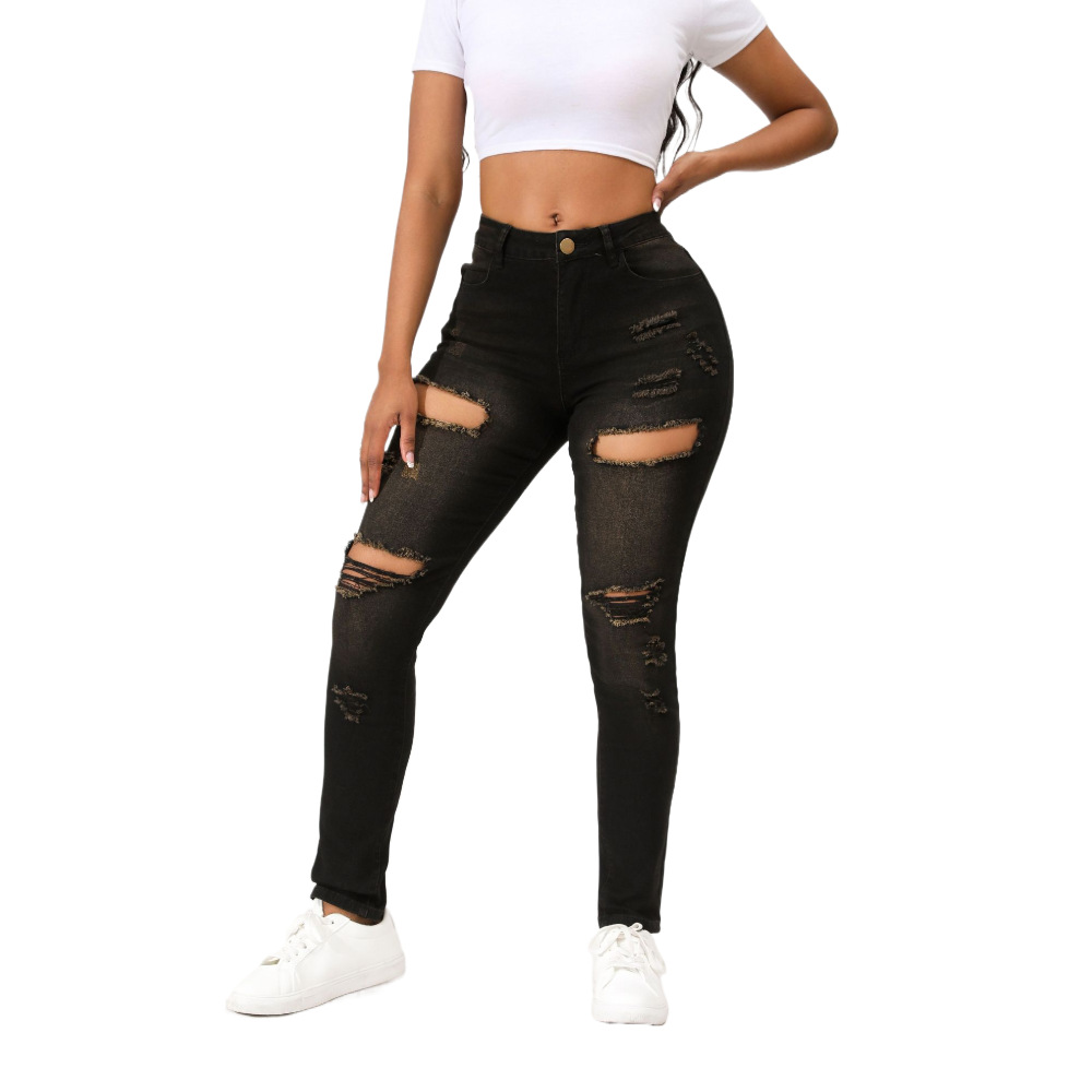Vaqueros negros rasgados estilo europeo y americano para mujer, pantalones ajustados elásticos de cintura media que hacen que las piernas parezcan más delgadas, en stock para dropshipping.