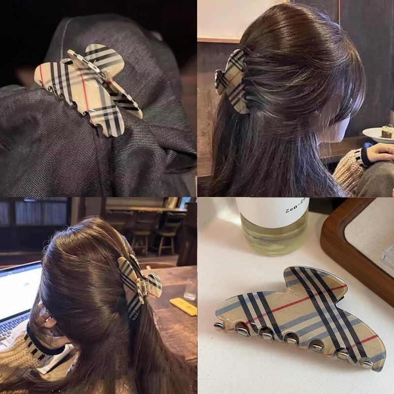 Autumn and Winter Maillard ◆ Bbr Plaid Hair Clip, New Style, High-End, Large Size, Light Luxury, Simple Shark Clip, Korean Style Hair Accessory.