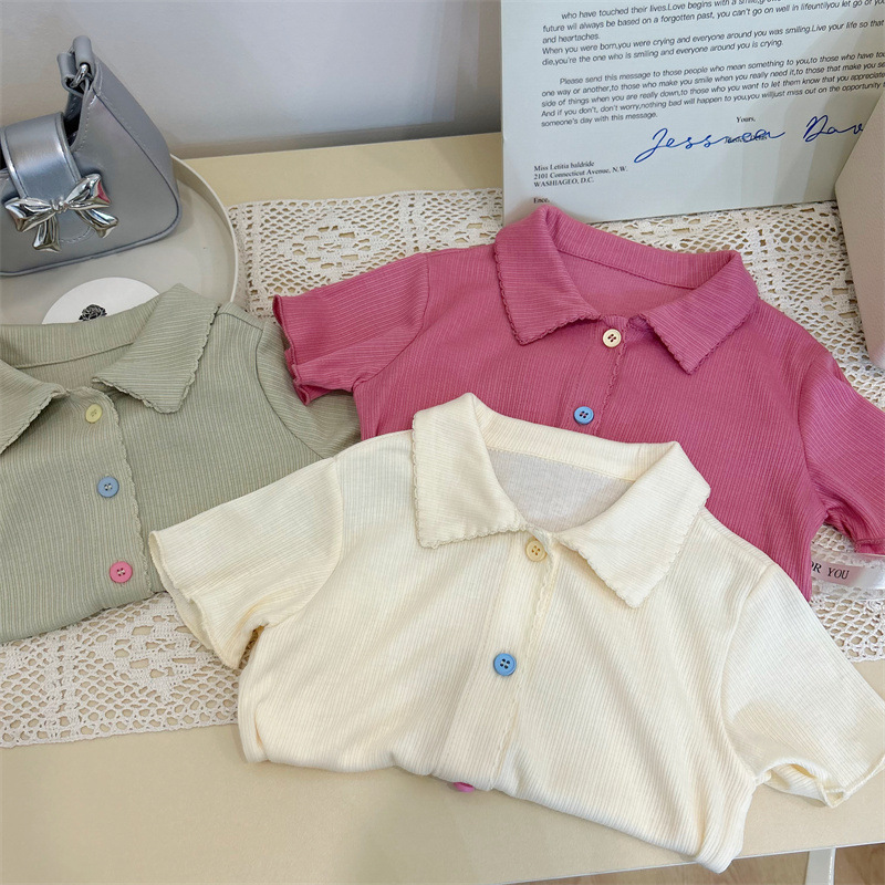 Korean Children's Summer 2024 New Arrival Knit Polo Shirt for Girls, Stylish and Versatile Short-Sleeve Collared Top for Kids
