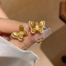 仿真金沙金璀璨点钻蝴蝶耳钉女双层立体小仙蝶简约气质耳饰批发