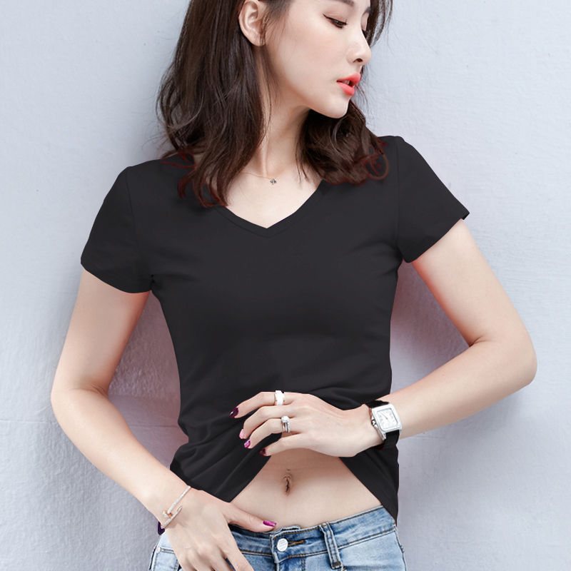 赤い肩の半袖のtシャツの女性の夏の修身の婦人服の丸首の半袖の底のシャツは年齢を減らして身の上着の卸売りを身につけます。|undefined
