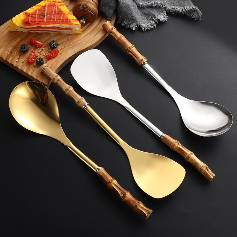 Utensilios de cocina de acero inoxidable con mango de bambú natural transfronterizo para uso doméstico, arroz, hotel, restaurante, olla, espátula para saltear_voghion.com