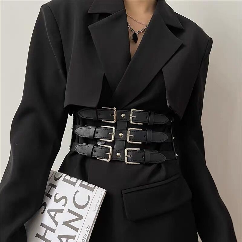 New Waistband with Waistband and Three Row Needle Buckle Ins Punk Women's Fashion Matching Dress Shirt Elastic Wide Waistband_voghion.com