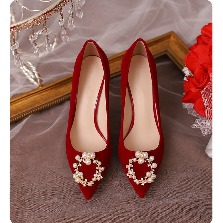 新娘婚鞋红秀禾鞋2024年春季新款中式婚礼鞋结婚中跟踩堂鞋女红色