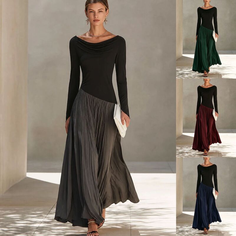 European and American cross-border 2026 autumn new Amazon foreign trade fashion minimalist color-blocked long dress with a swing collar for women European and American cross-border 2026 autumn new Amazon foreign trade fashion minimalist color-blocked long dress with a swing collar for women
