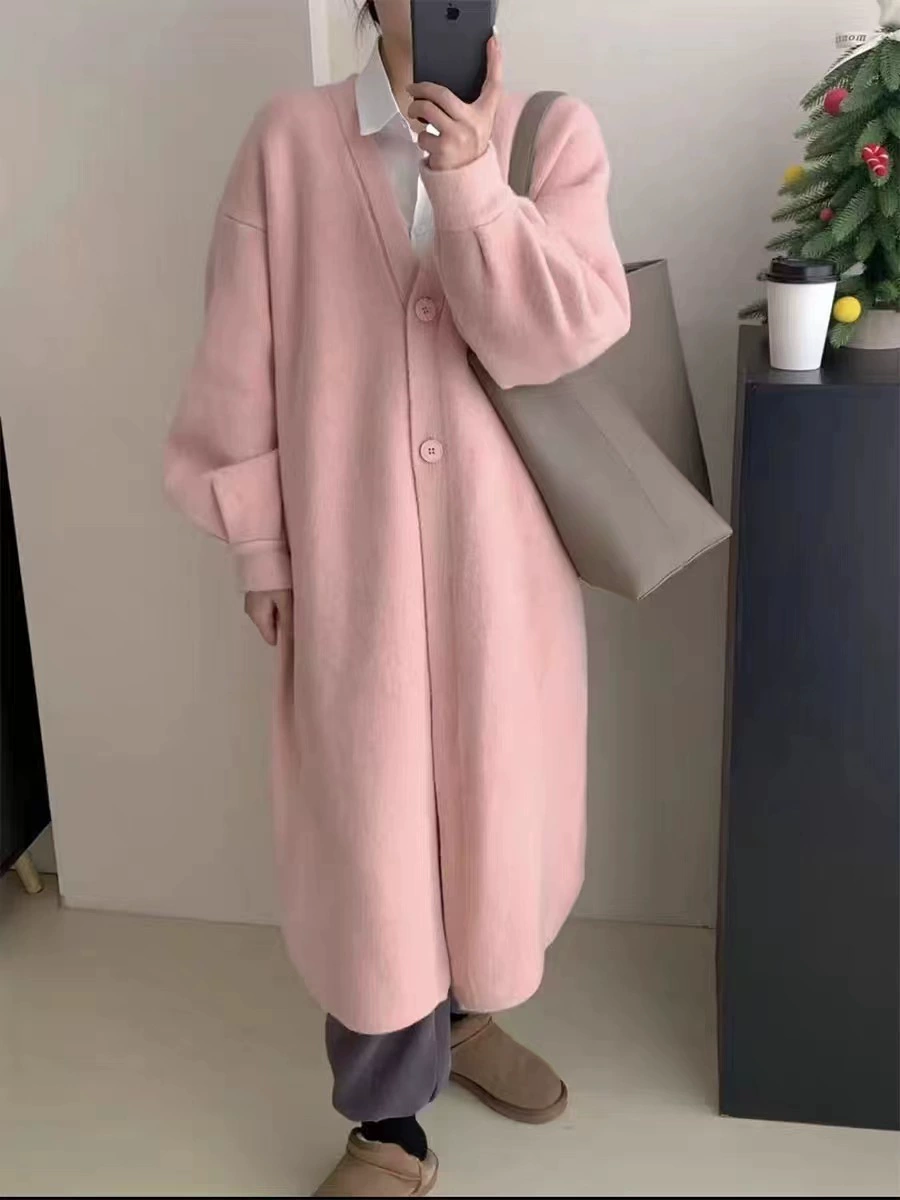 Демисезонное trench coat, длинная вязаная куртка, стиль высокого качества, V-образный вырез