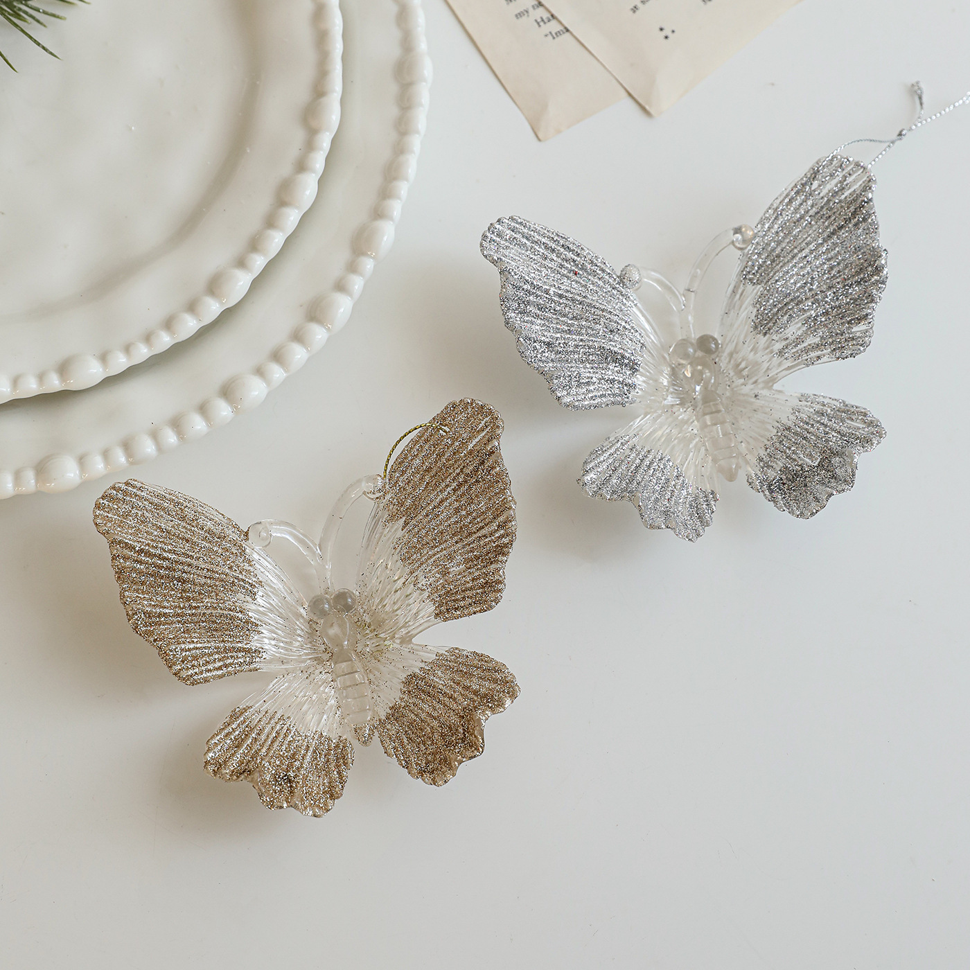 Nuevo acrílico mariposa de plástico libélula polvo transparente colgante decoración colgante árbol de Navidad decoración decorativa escena de vacaciones