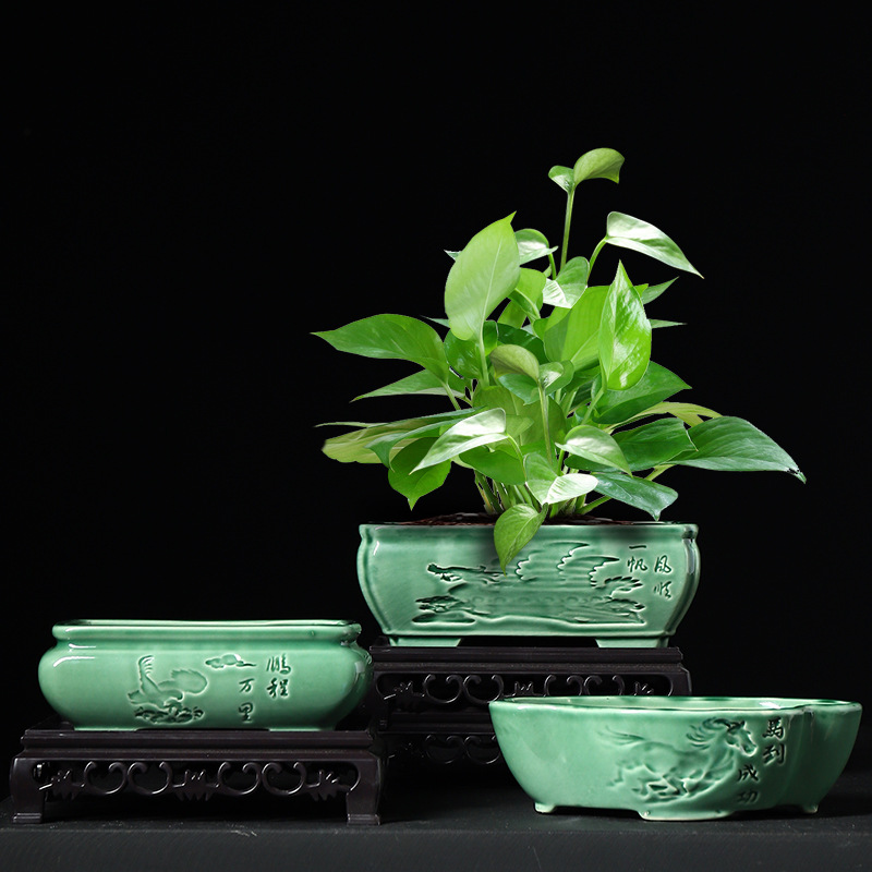 Flower pot succulent bonsai ceramic calamus purple sand rectangular indoor simple personalized hand-painted bamboo landscape Basin