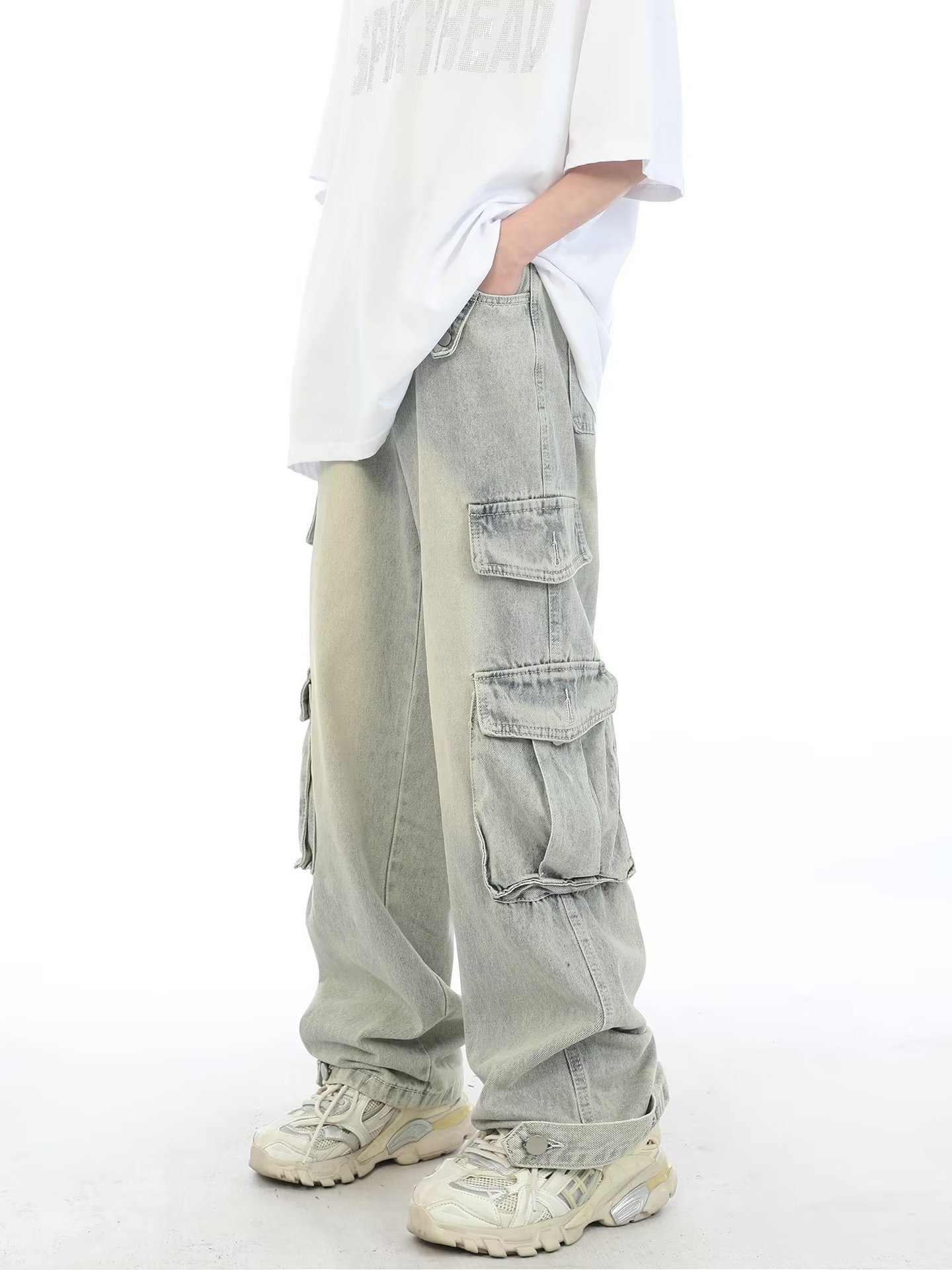 Jeans cargo multitasche stile retrò americano da uomo, pantaloni lunghi lavati vintage, stile streetwear pesante_voghion.com