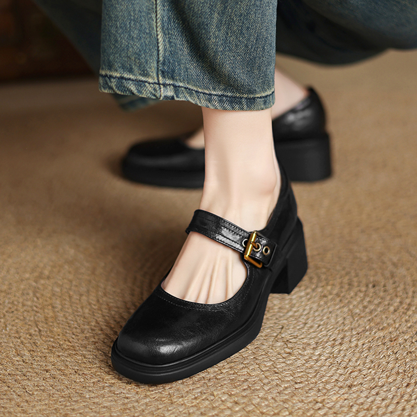 Giày Mary Jane nữ đế dày retro quai ngang gót vuông — đen