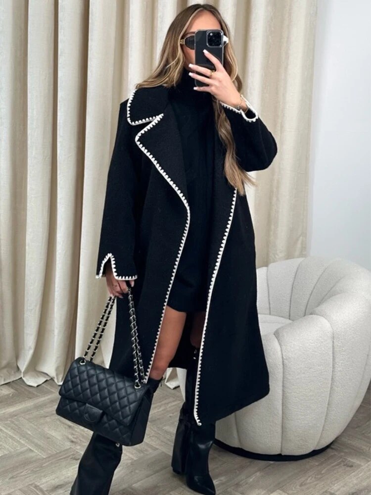 2023 Amazon autumn and winter European women's double-sided woolen long sleeve woven lapel long coat loose windbreaker coat
