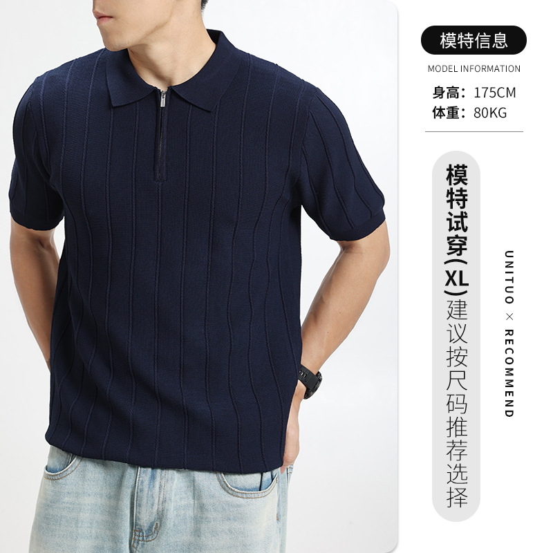 Lujo ligero de alta calidad zipper jersey polo camiseta de hombre manga corta con solapa vertical texturizada camiseta de alta calidad ropa de hombre