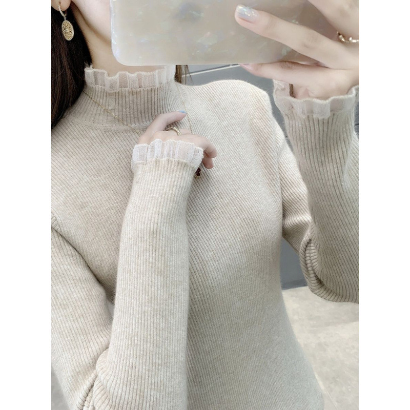 2025新款蕾丝边半高领针织内搭毛衣女欧根纱显瘦打底衫女修身秋冬