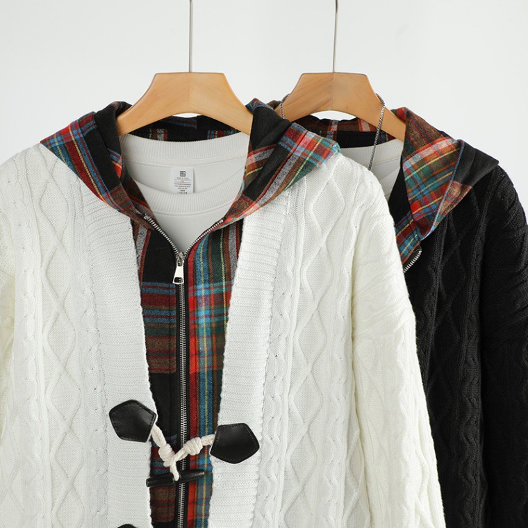 Cardigan de punto a cuadros, camisa de hombre primavera y otoño pesada con sombrero, marca de moda suelta, camisa de costura universitaria