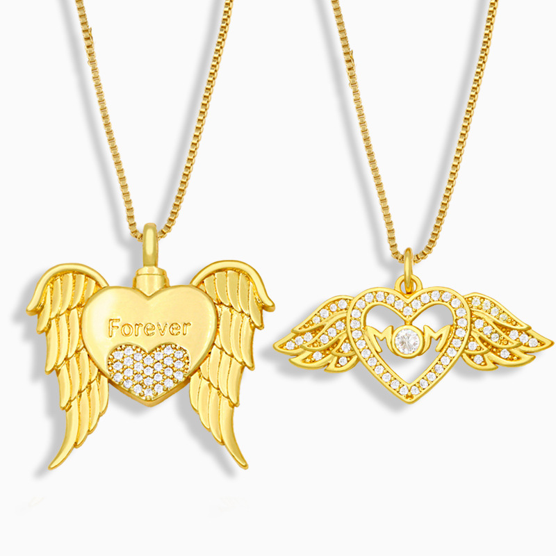 Korean Wings Heart Pendant Copper Zircon Necklace display picture 3