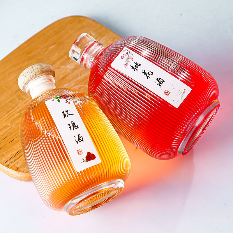 500ml自釀果酒瓶玻璃透明白酒瓶冰酒瓶圓豎條密封飲料果汁瓶批發