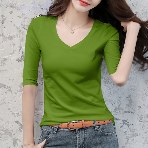 Avocado Green V-Neck T-Shirt for Women - Summer and Autumn Stylish Top with 2025 Design, Sleeveless Bodysuit with Pigeon Collar