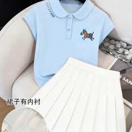 外贸批发女童夏季短袖短裙套装儿童上衣休闲T恤百褶裙两件套
