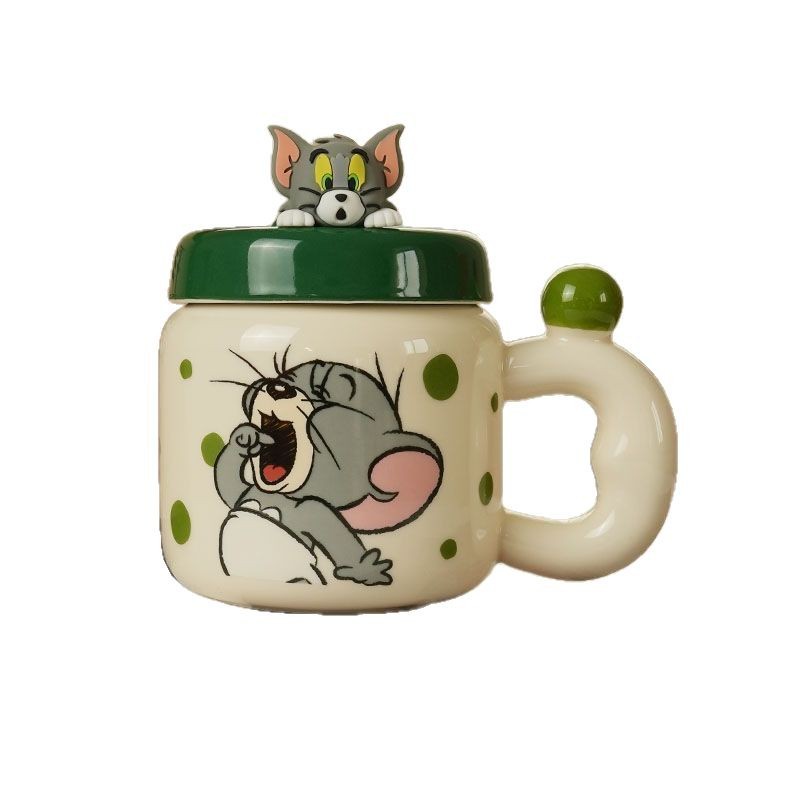 Taza de cerámica de gato y ratón con tapa, creativa, linda e interesante, personalidad especial, café con leche, taza de té con leche