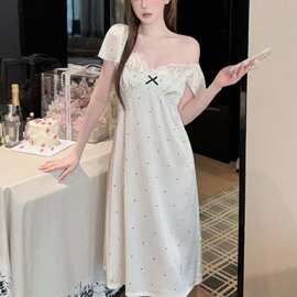新款短袖波点胸垫冰丝睡裙蕾丝夏季法式家居服睡衣甜美可外