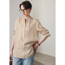 真丝衬衫女2025春夏新款通勤宽松长袖立领斜纹绸印花桑蚕丝衬衣