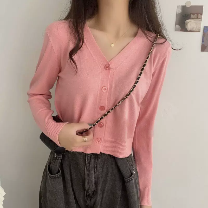 东南亚2024新款女装 长袖针织衫百搭短款V领开衫外套女毛衣女上衣