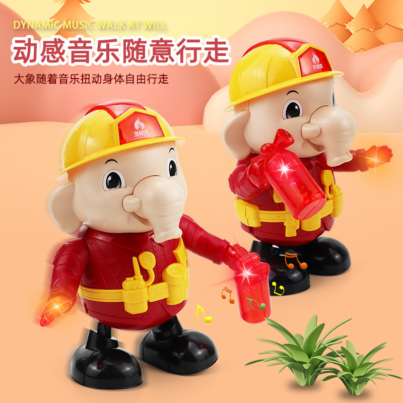 Niños transfronterizos de dibujos animados eléctricos de lucha contra incendios elefante cantando bailando música ligera Niños y niñas bebé juguete puesto al por mayor