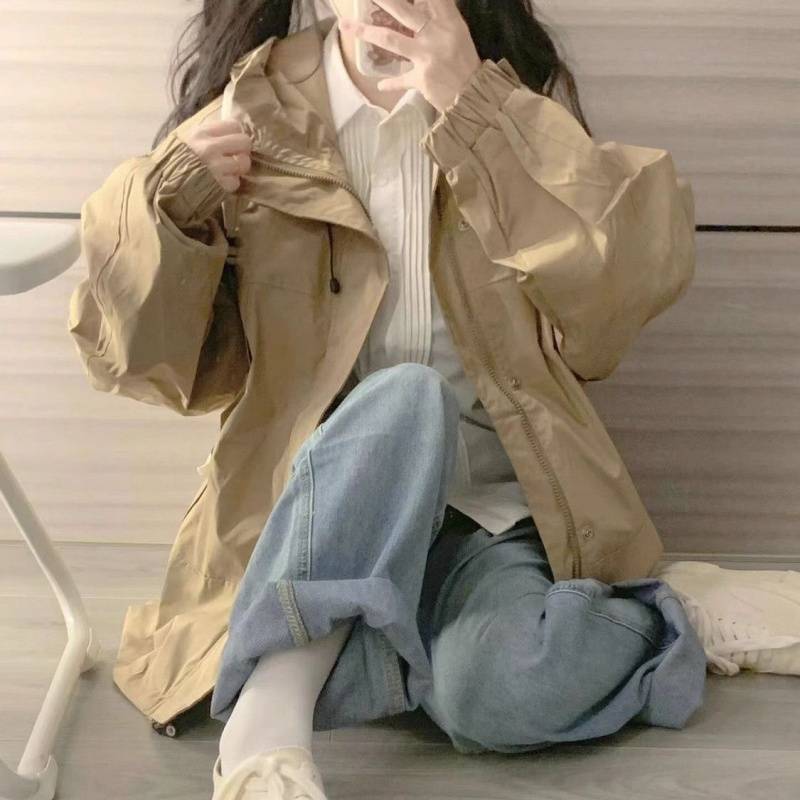 早春季oversize卡其色连帽冲锋衣女春秋宽松设计感工装夹克外套潮|undefined