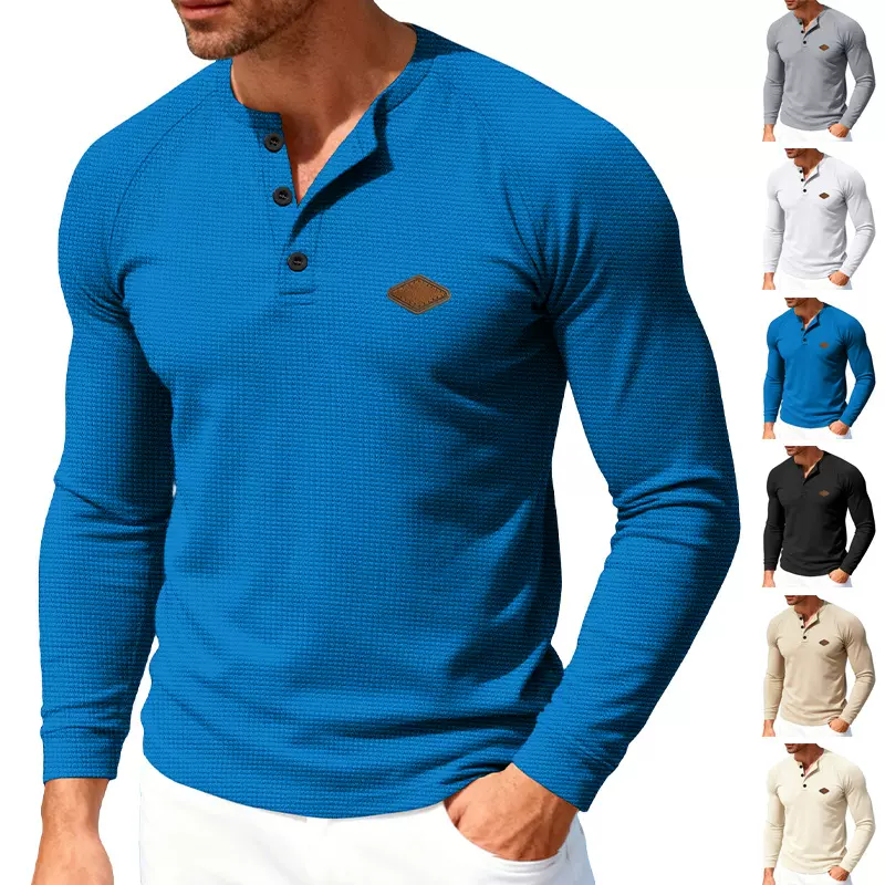 跨境亚马逊男休闲美式春秋薄款华夫格系扣速干插肩亨利T恤衫长袖