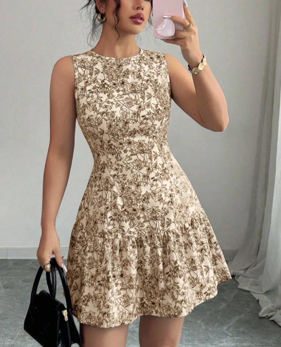 Women's Bohemian Style Floral Print Mini Dress Sleeveless Belted French Elegance Thin Summer Fashion Clothing_ecoleips.com