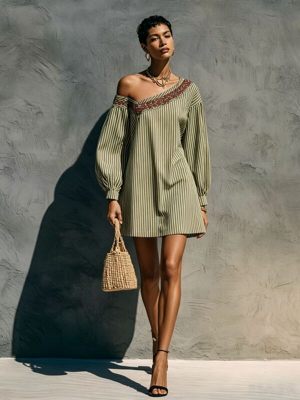 2026 European and American foreign trade women's clothing new striped one-shoulder long-sleeve embroidered minimalist mini dress
