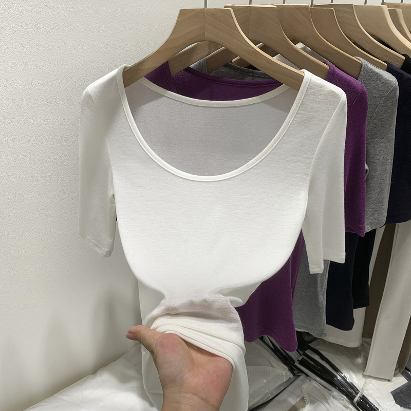 Lyocell Tencel Purple U-Neck Mid-Sleeve T-Shirt for Women 2025 Summer Thin Slim-Fit Flattering Beautiful Five-Quarter Sleeve Top Lyocell Tencel Purple U-Neck Mid-Sleeve T-Shirt for Women 2025 Summer Thin Slim-Fit Flattering Beautiful Five-Quarter Sleeve Top