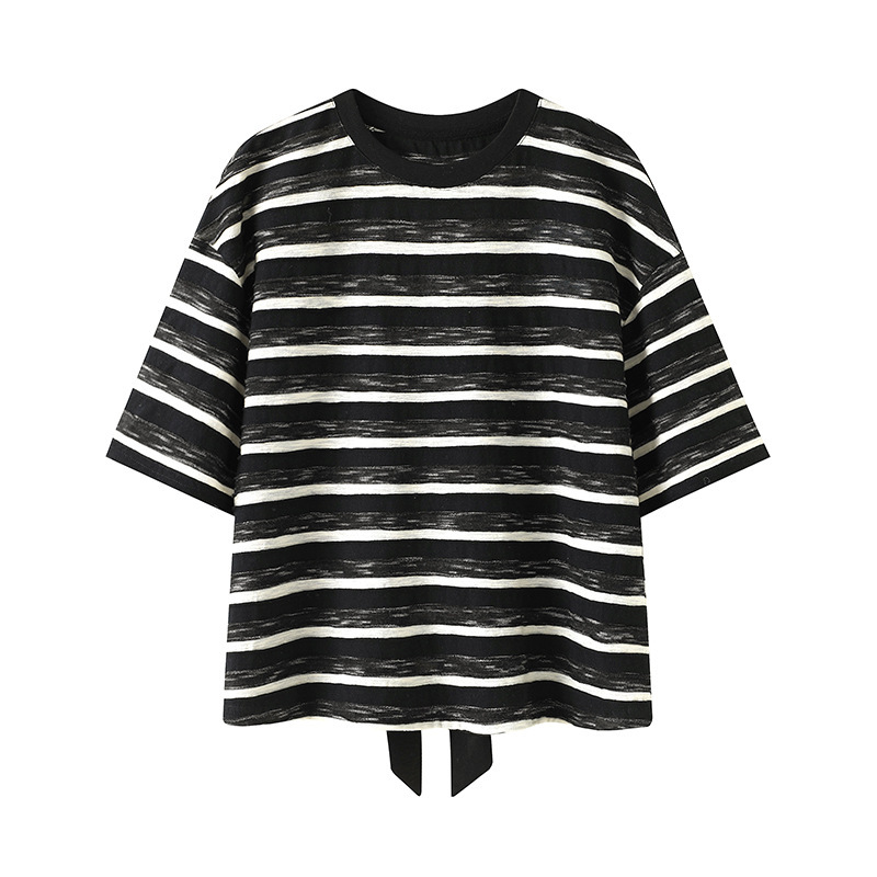 Black and white striped bow short sleeve T-shirt 25 years summer new women's design sense loose top KSD2306007