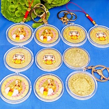 卡通彩色妈祖钱母纪念币仿金币吊坠挂件 招财包包钥匙扣挂饰红布