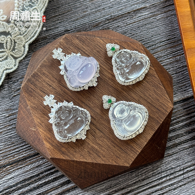 s925银镶玉髓佛公吊坠绿玉髓高货弥勒佛挂件高端阳绿银饰项链批发