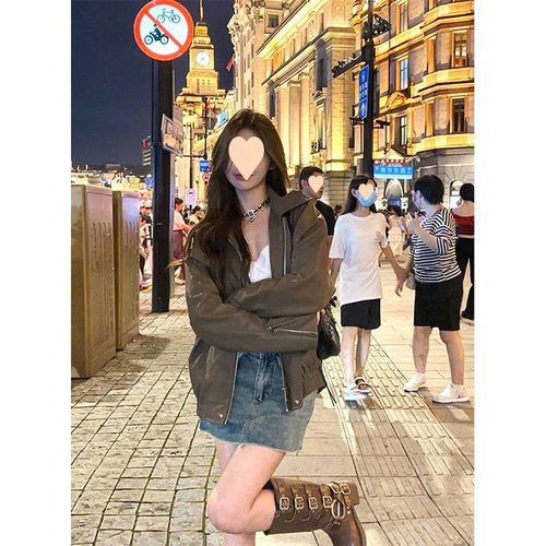 Leather Motorcycle Jacket for Women - Mahogany Color, Matte Finish, Spring and Autumn Korean Style, Retro, Loose and Versatile, Casual Biker Jacket