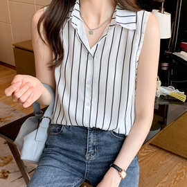 外贸跨境洋气条纹夏季坎肩背心女外穿衬衫无袖雪纺打底衫内搭上衣