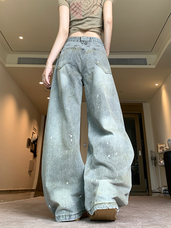 实拍！！！灰色泼墨弯刀牛仔裤男女潮牌美式街头宽松裤子东南亚棉|undefined