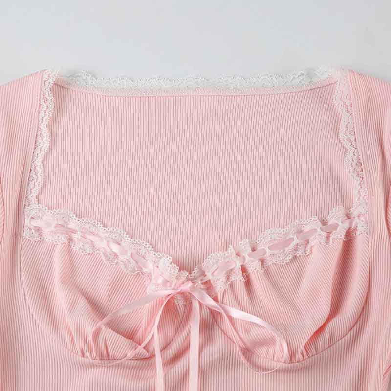 Sexy Girlish Lace Stitching Pleated Tie V neck Long Sleeve Dress Slimming Cinched Short Dress