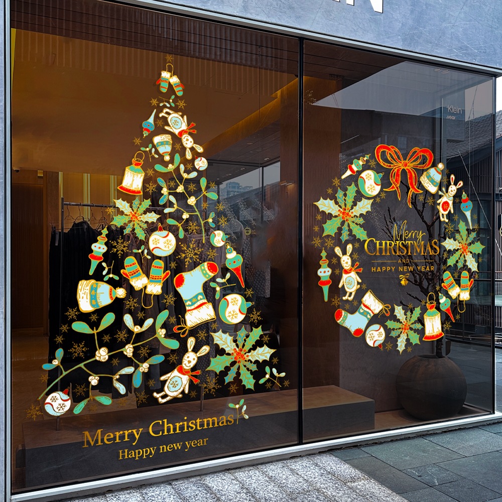 圣诞节花环玻璃贴纸商场银行公司推拉门贴圣诞树店铺场景布置装饰