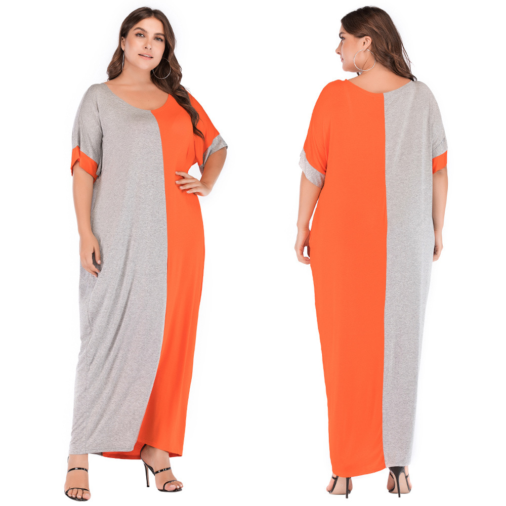 Summer New Plus Size Women's Loose Color-Block Round Neck Short Sleeve Dress Arabic Clothing JR3311_ecoleips.com