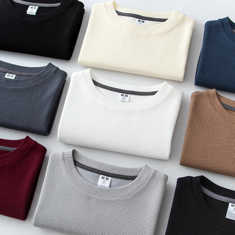 260g waffle de punto de manga corta Camiseta de los hombres de todo partido suelto color sólido pesado T textura y estilo son difíciles de amar