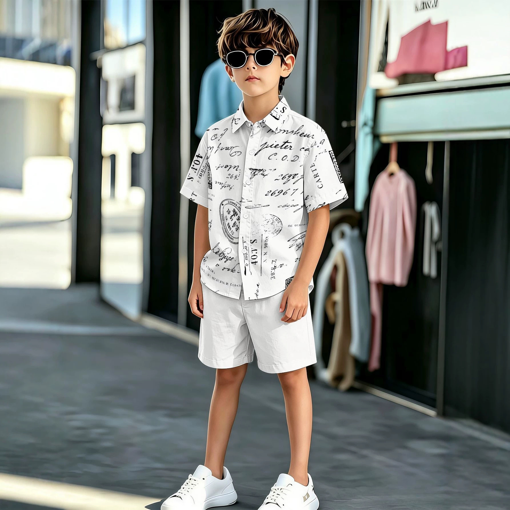 New Product: Stylish Cool Patterns, 3D Printing Technology, Boys' Collared Shirt And Shorts Set,_voghion.com