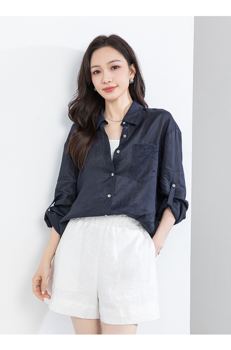 Áo chống nắng nữ dáng dài cổ V tay lỡ chất liệu ramie màu xanh navy — màu xanh navy chi tiết 24