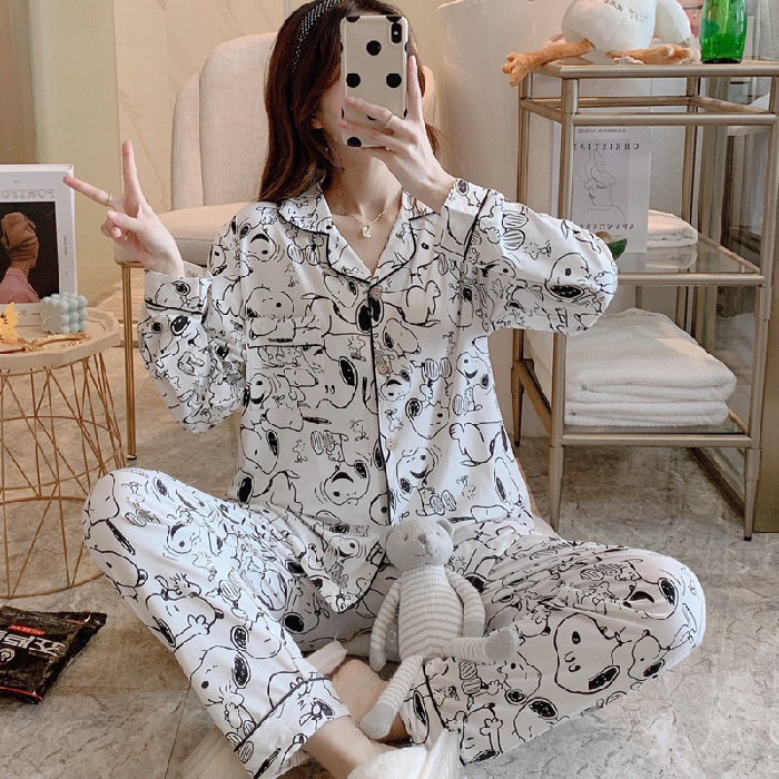 Estilo coreano pijamas de las mujeres a cuadros lindo primavera y otoño invierno cardigan solapa manga larga Comercio exterior vestir prendas exteriores homewear traje