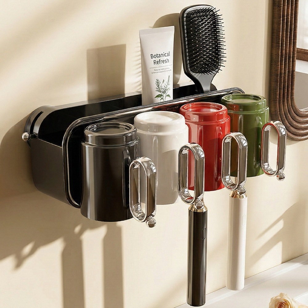 Suction cup toothbrush and mouthwash cup holder, wall-mounted, no-drill installation, for a family of four, bathroom toothbrush rack storage