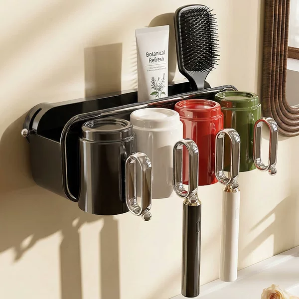 Suction cup toothbrush and mouthwash cup holder, wall-mounted, no-drill installation, for a family of four, bathroom toothbrush rack storage