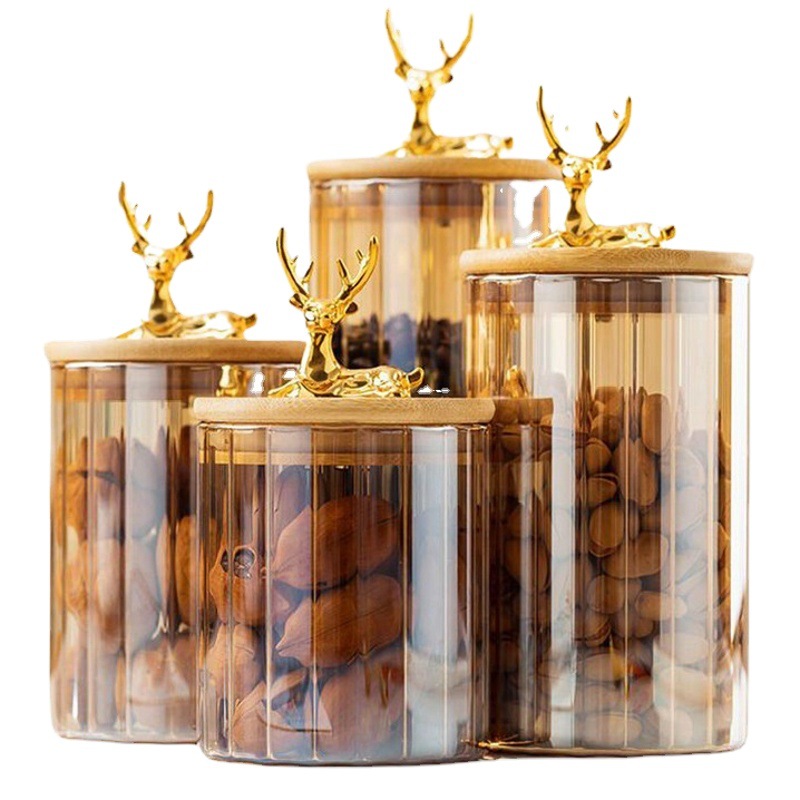 Elk vidrio dorado rayas verticales condimento tarro de almacenamiento tarro de té cocina Almacenamiento de frutas secas ámbar luz estilo de lujo
