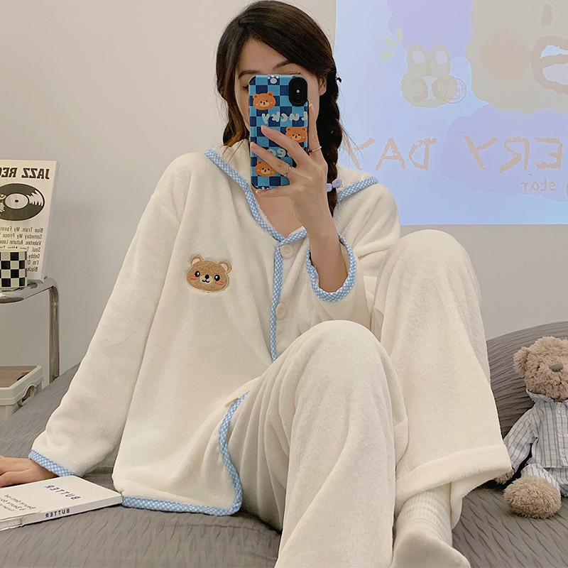 Pijamas de franela al por mayor transfronterizos de otoño y invierno para mujeres nuevas camisetas de calentamiento gruesas se pueden usar con ropa de hogar de dos piezas